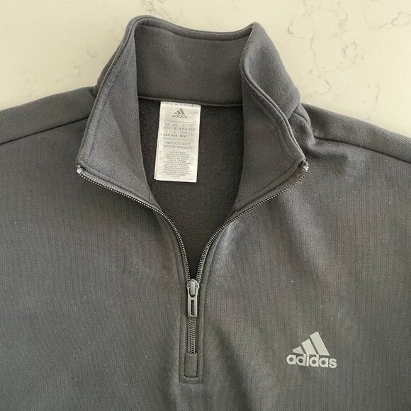Adidas 1/4 Zip 100% Recycled Polyester Sweatshirt Black w Grey Stripes Sz M - Picture 2 of 14